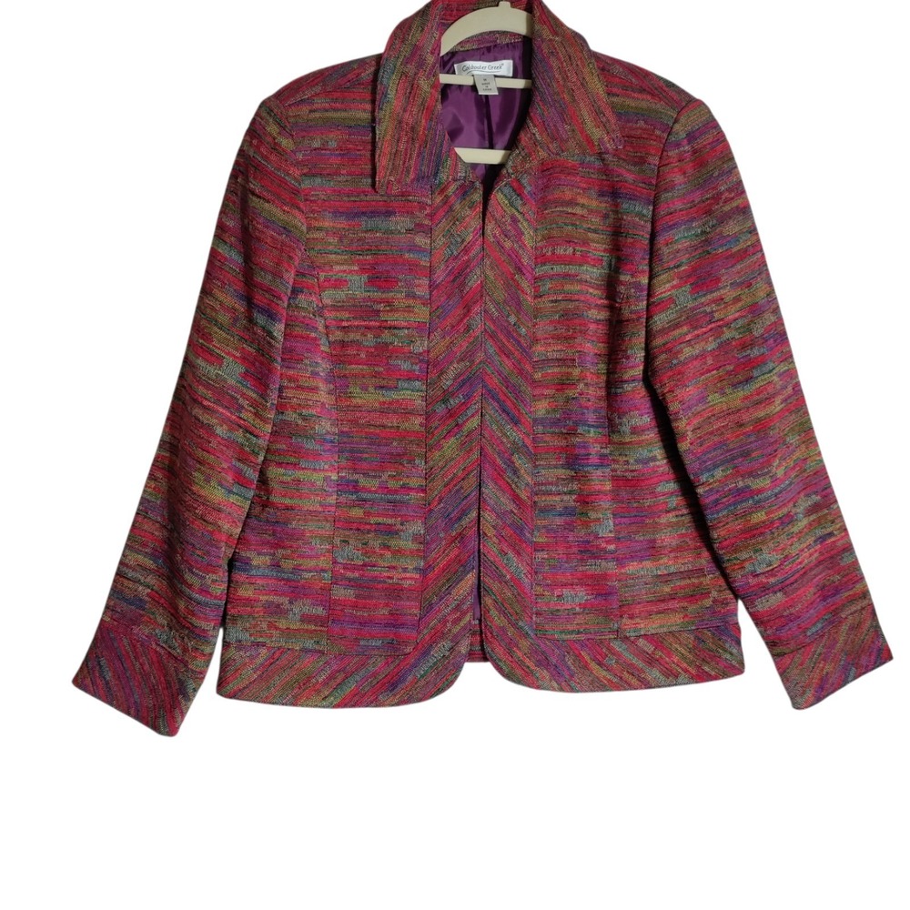 Coldwater Creek Multicolor Striped Textured Woven Open Front Jacket Sz M Lined